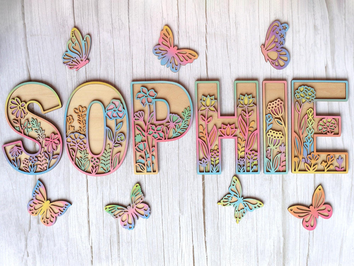 Wooden Nursery Name Sign Floral Rainbow Name Sign Wildflower Wall Letters Layered 3D Wall Art Nursery Decor Baby Girl Shower Gift
