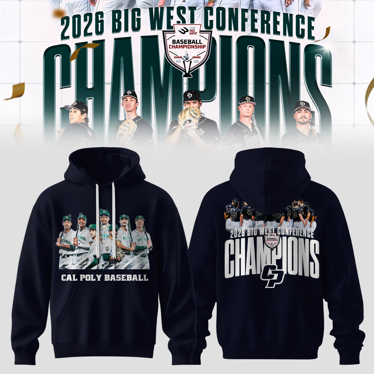 _Big West Conference 2026 Champions – Cal Poly Mustangs Baseball Hoodie