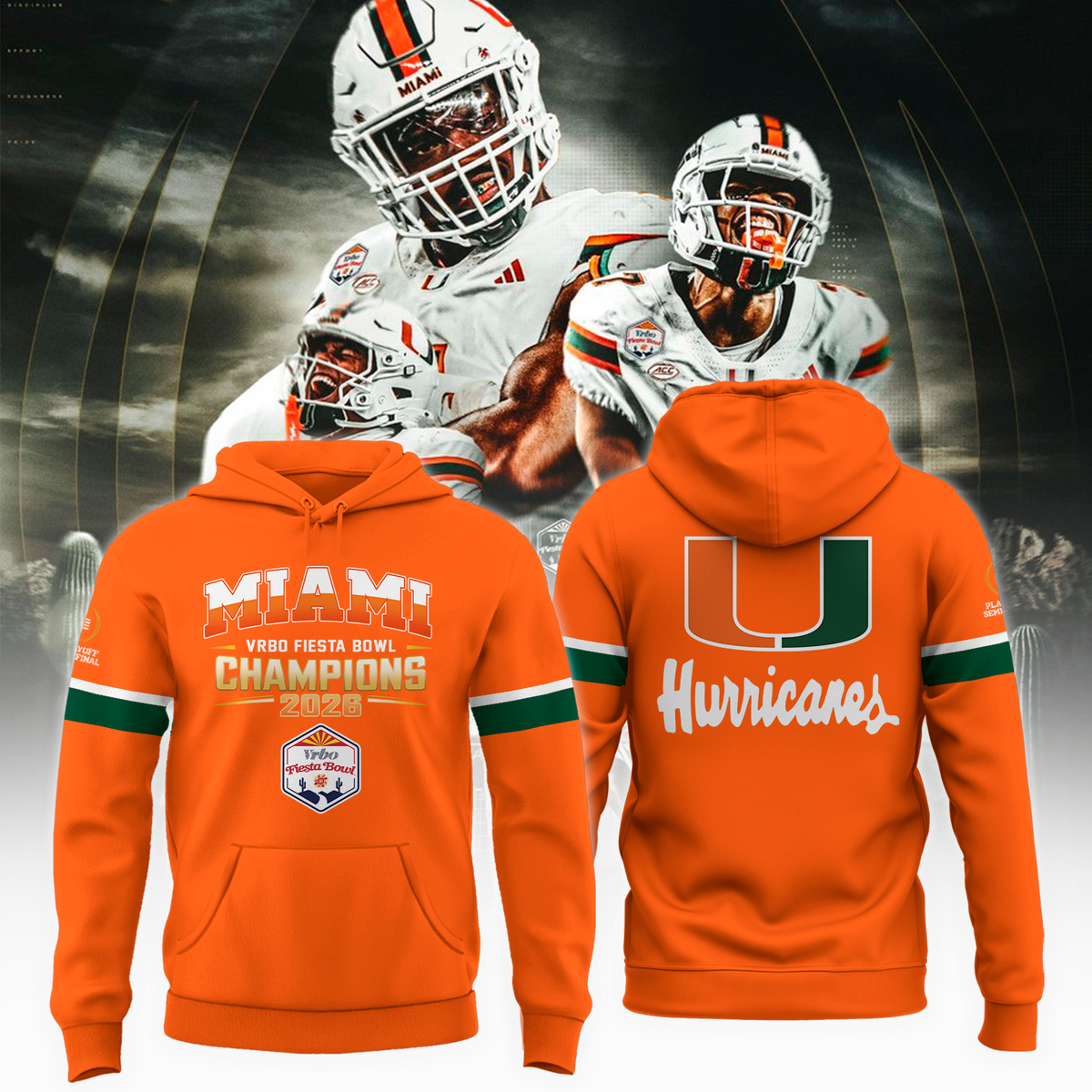 UM Hurricanes Football -VRBO FIESTA BOWL Champions Special Hoodie Limited Edition