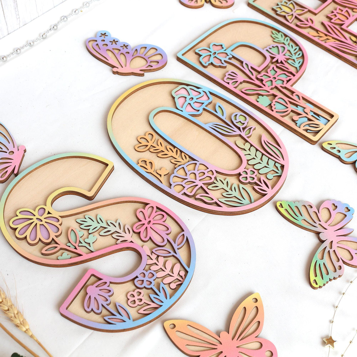 Wooden Nursery Name Sign Floral Rainbow Name Sign Wildflower Wall Letters Layered 3D Wall Art Nursery Decor Baby Girl Shower Gift