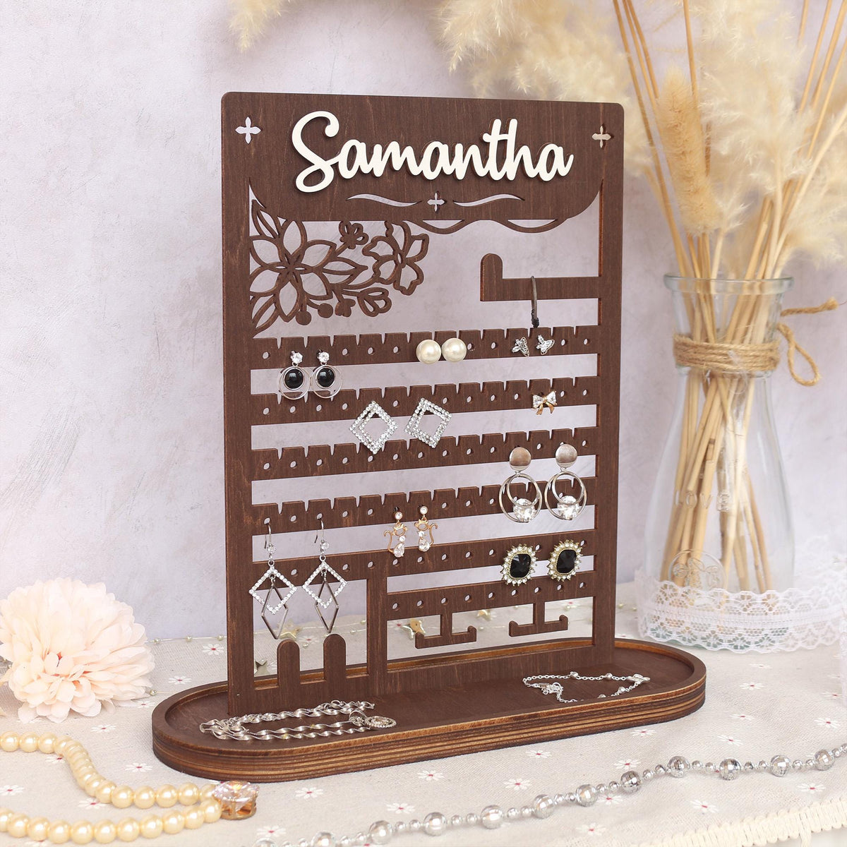 Personalized Wood Jewelry Organizer, Earring Holder, Wooden Jewelry Storage, Jewelry Stand, Birthday Gift for Her, Gifts for Mom