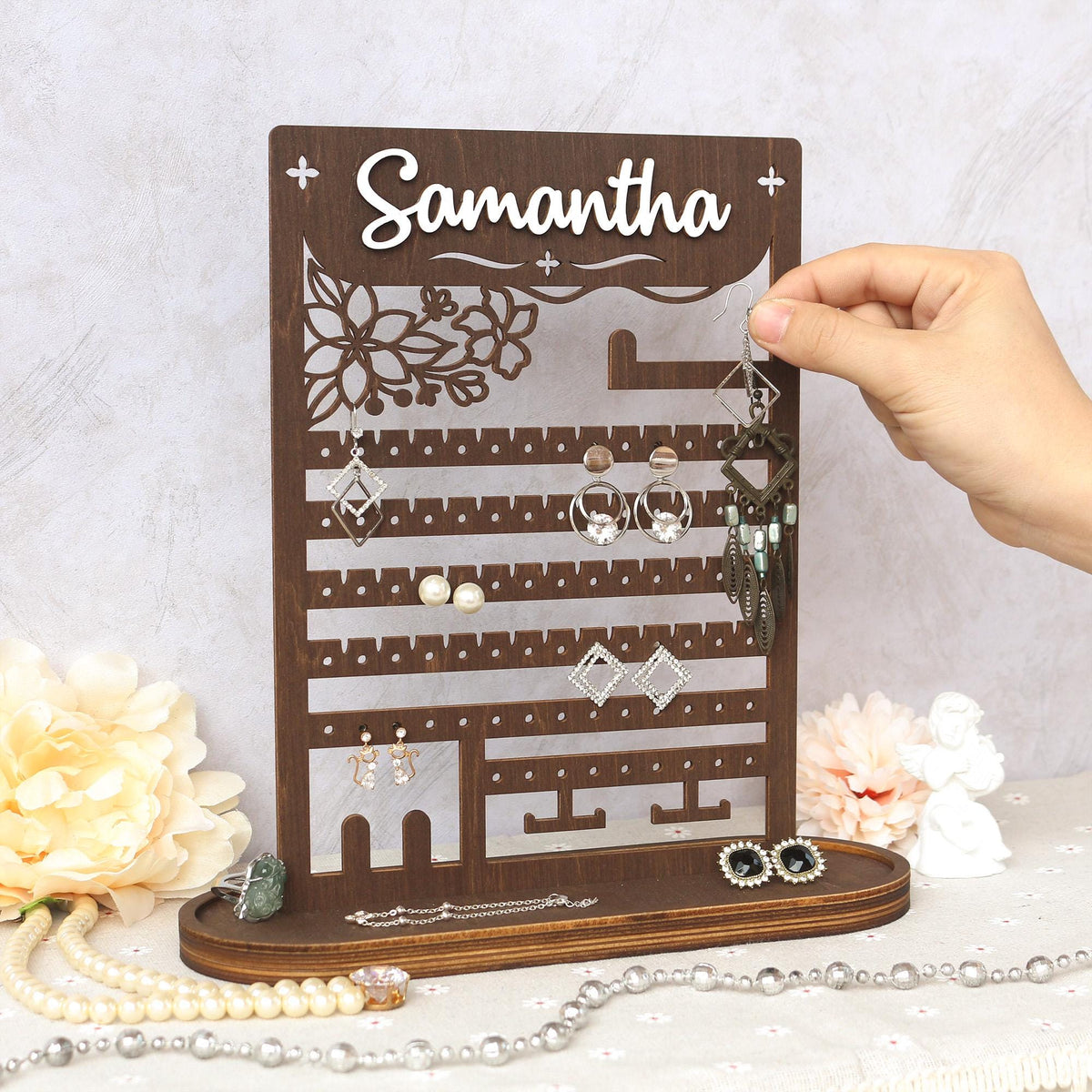 Personalized Wood Jewelry Organizer, Earring Holder, Wooden Jewelry Storage, Jewelry Stand, Birthday Gift for Her, Gifts for Mom
