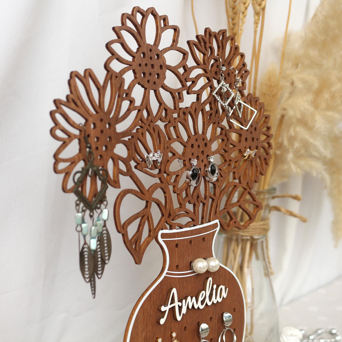 Jewelry Organizer Personalized Earring Stand Sunflower Jewelry Organization Earring Holder Birthday Gifts for Her Mothers Day Gifts