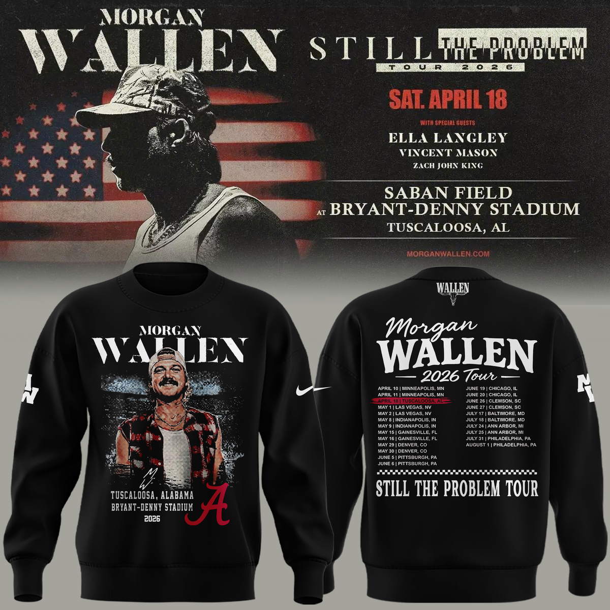 Exclusive Morgan Wallen x Alabama Football "Still The Problem Tour 2026" Bryant–Denny Stadium Sweatshirt for fans!