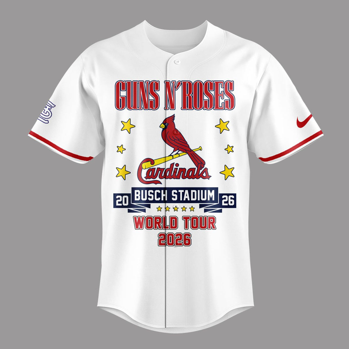 01.28. White Baseball Jersey Guns N' Roses x St. Louis Cardinals - World Tour 2026 Baseball Jersey
